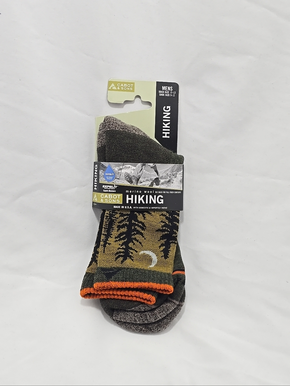 NWT Cabot & Sons 56% Merino Wool Blend Hiking USA Crew Expelit Socks Mens OS